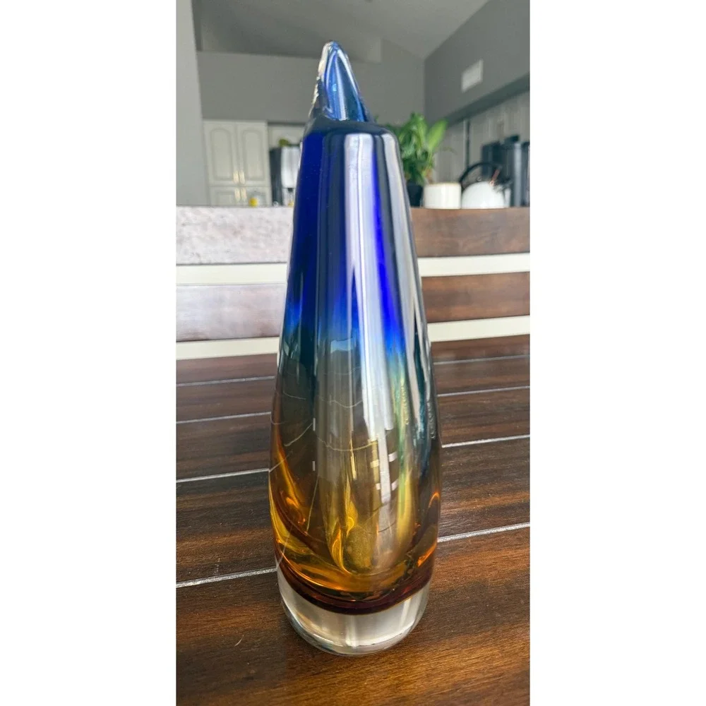 VTG Handblown Brazilian Art Glass Vase Blue & Amber Novica Brazil Collection